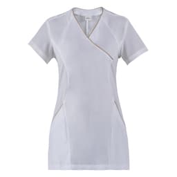 A white tunic top with a crossover design and contrasting trim, featuring short sleeves and side pockets.
