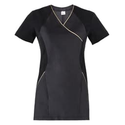 A black tunic featuring a stylish design with contrasting panels and gold piping. It has short sleeves and a logo.