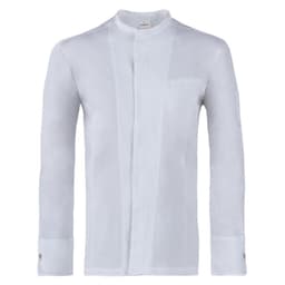 A white long-sleeve jacket with a stand collar and button cuffs, featuring a pocket on the left side.