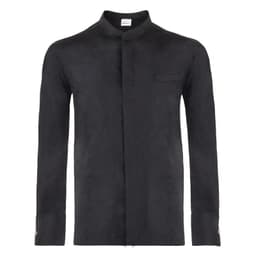 A black Paul Jacket featuring a collared neck, long sleeves, and a single chest pocket. It has a logo.