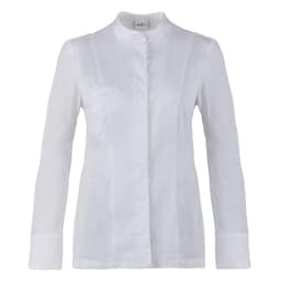 A white jacket with a mandarin collar and long sleeves, featuring a chest pocket and a logo.