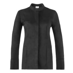 A black Denise Jacket features a sleek design with a high collar and long sleeves. It has a small pocket on the front.