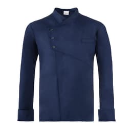 A navy blue chef jacket featuring a unique asymmetrical design and a chest pocket. It has three decorative buttons.