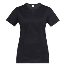 A black tunic featuring short sleeves and two front pockets, with a small logo on the side.