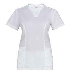 A white Erika Tunic featuring short sleeves and multiple pockets, with a logo on the front.