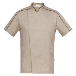 A tan Valerio Tunic with short sleeves, a high collar, and a side pocket. It features dark piping detail and a logo.