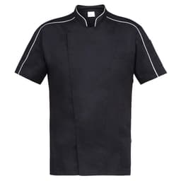 A black chef tunic with white piping and a chest pocket, featuring a sleek, modern design.