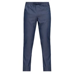 Navy blue pants with a tapered fit and an elastic waistband. Features pockets on the front.