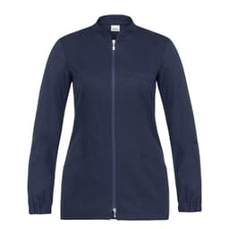 A navy blue tunic featuring a zip front, long sleeves, and two side pockets. It has a simple, sleek design.