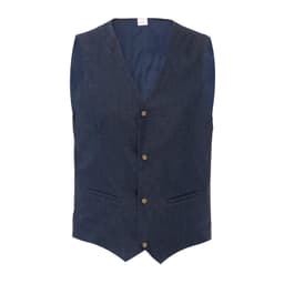 A navy blue vest featuring a button-up front and two side pockets. The fabric has a textured appearance.