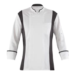 A chef jacket in white with black accents and a single pocket on the front. Features long sleeves and a collar.