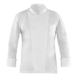A white chef jacket featuring a folded collar, long sleeves, and a chest pocket, with a logo present.