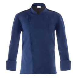A navy blue chef jacket featuring long sleeves and a stand-up collar, with a patch pocket on the front and a logo.