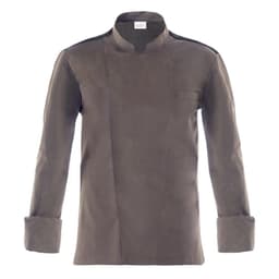 A grey chef jacket with a mandarin collar and long sleeves. It features a front pocket and a logo.