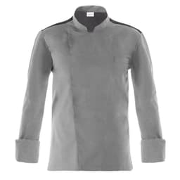 A grey chef jacket featuring a mandarin collar, long sleeves, and a single chest pocket. It has branding on the garment.