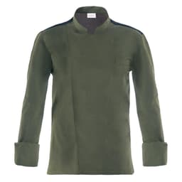 A dark green chef jacket featuring a mandarin collar and a single pocket on the left side.