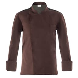 A brown jacket with a collar and long sleeves, featuring a single chest pocket and an embroidered logo.