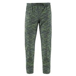 Green camouflage pants with an elastic waistband and two side pockets. The pants feature a subtle patterned design.