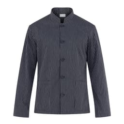 A striped navy jacket with a mandarin collar and button closure, featuring two front pockets and a logo.