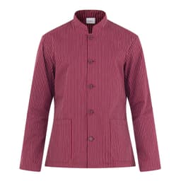 A red and white striped jacket with a mandarin collar and front buttons, featuring two side pockets.