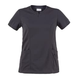 A dark grey tunic with a short sleeve and two front pockets, featuring a logo on the label.