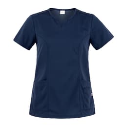 A navy blue tunic with short sleeves and two front pockets, featuring a simple design and a logo.