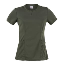 A dark green tunic with short sleeves, featuring a V-neck and two side pockets. It has a logo on the label.
