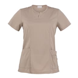 A beige tunic with a short sleeve, featuring two front pockets and a round neckline. It includes a logo.