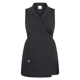 A black Allegra Pinafore Dress featuring a wrap design and a collared neckline. It has a small logo detail.