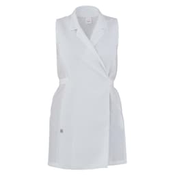 A sleeveless white pinafore dress featuring a wrap design and a logo on the side.