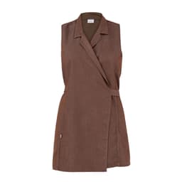 A sleeveless brown pinafore dress with a wrap design and a tie waist. It features a branding logo.
