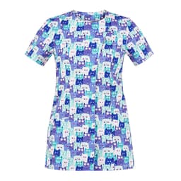 A short-sleeve tunic featuring a playful pattern of cats in shades of purple, blue, and aqua. The design has a logo.