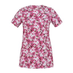 A pink tunic featuring a playful pattern of rabbits and flowers, with a side panel and short sleeves.