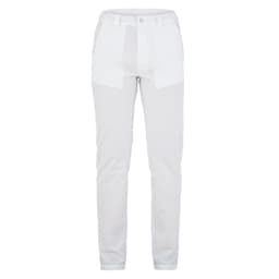 A pair of white pants with a tailored fit, featuring pockets and a button closure, along with a branding logo.