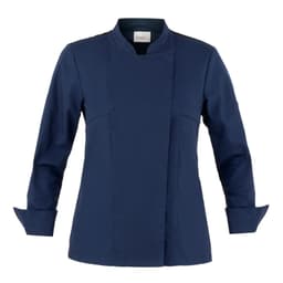 A navy blue jacket with long sleeves and a Mandarin collar, featuring a logo on the chest area.