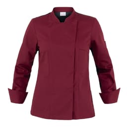 A maroon chef's jacket with a stand-up collar and long sleeves, featuring a logo on the sleeve.