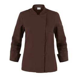 A brown jacket with a modern cut, featuring a stand-up collar and long sleeves, with a logo on the sleeve.