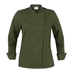 An olive green Agata Jacket with a minimalist design, featuring long sleeves and a folded collar.