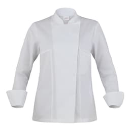 A white chef jacket featuring long sleeves and a tailored front design, complete with a logo on the chest.