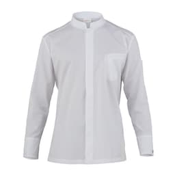 A white, long-sleeved jacket with a mandarin collar and a single pocket on the chest, featuring a logo.