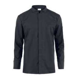 A long-sleeved black jacket with a mandarin collar and a chest pocket, featuring a logo on the sleeve.