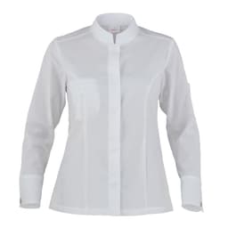 A white jacket with long sleeves, a mandarin collar, and a front pocket, featuring a logo on the sleeve.
