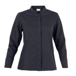 A black jacket with a high collar and long sleeves, featuring a chest pocket and a sleek design.