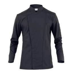 A black chef jacket with long sleeves and a mandarin collar. It features a chest pocket and has a logo on the sleeve.