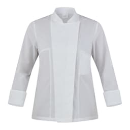 A white chef jacket with a mandarin collar and long sleeves featuring rolled cuffs. The jacket has a branding logo.