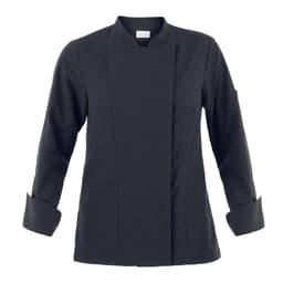 A black chef jacket with a high collar and long sleeves, featuring a logo on one sleeve.