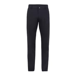 A pair of navy blue trousers with a slim fit and a button closure, featuring a logo on the waistband.