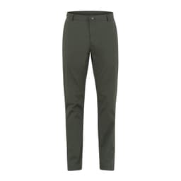 A pair of green trousers featuring a fitted design and a button closure, with a brand logo present.