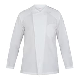 A white chef jacket featuring a front pocket and a logo on the sleeve. Suitable for culinary professionals.