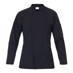 A black chef jacket featuring a sleek design and a logo on the sleeve.